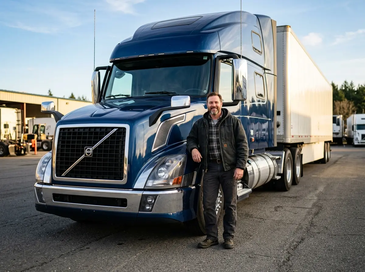 Independent owner-operator standing beside his modern semi truck tractor-trailer