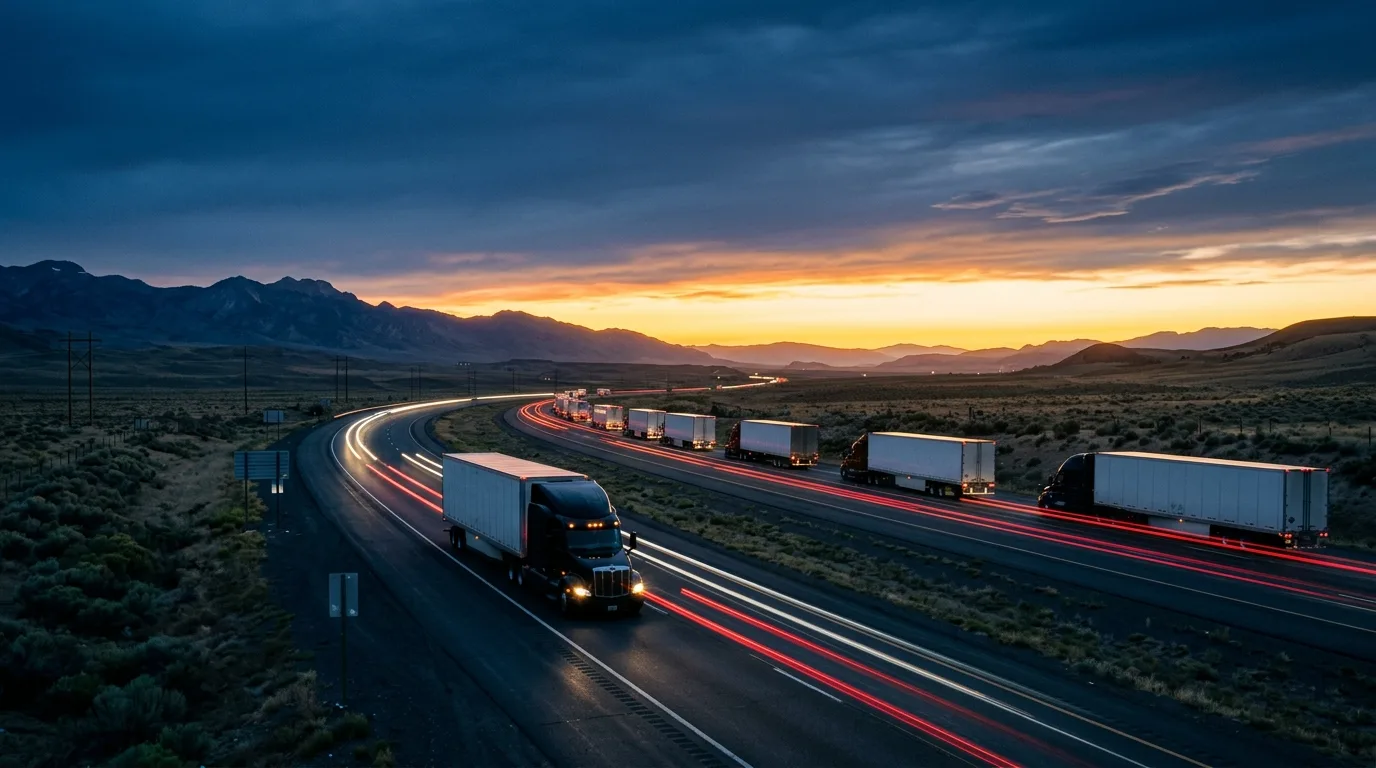 Commercial semi trucks on highway at dusk protected by State Plus Insurance