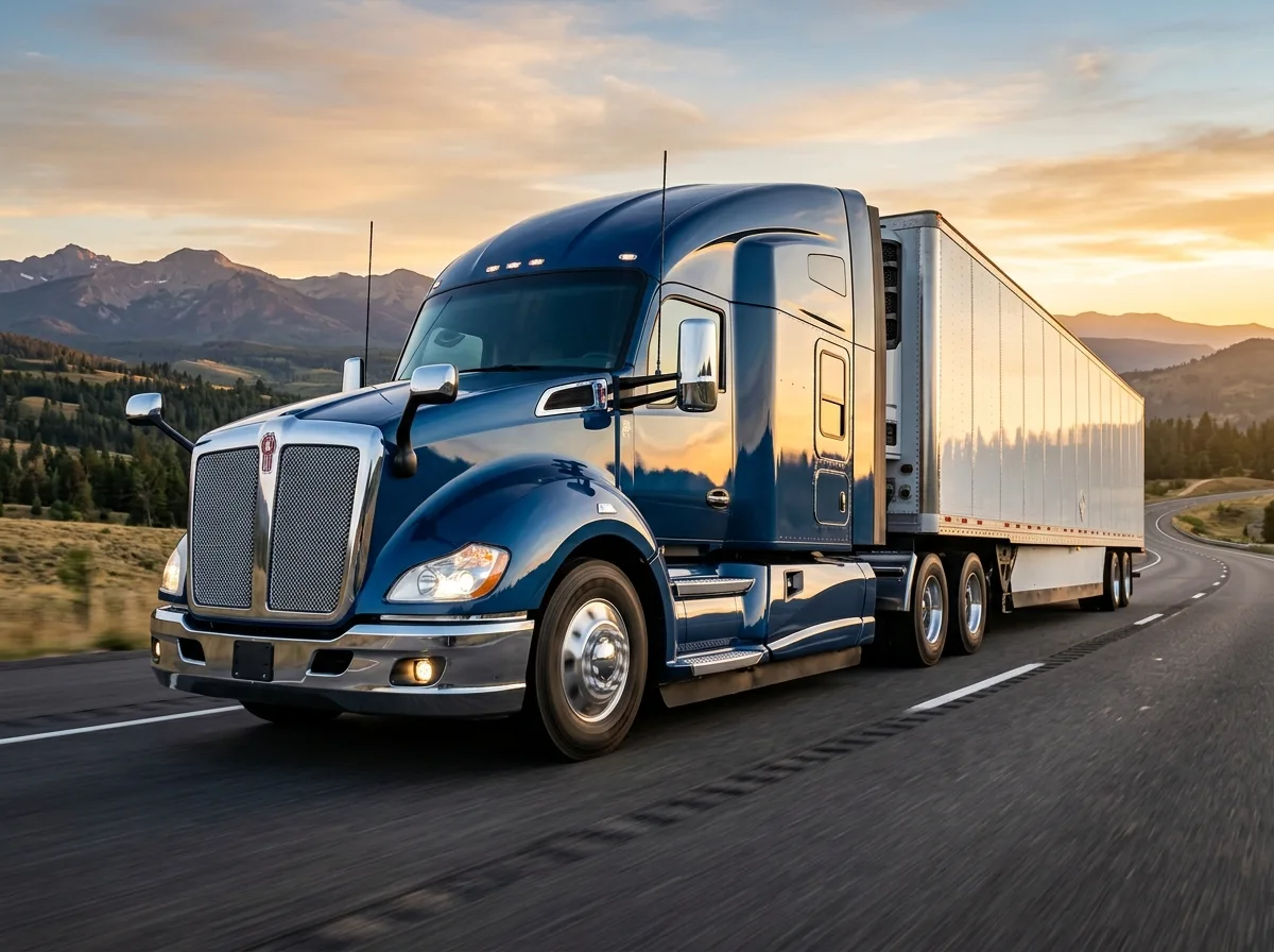 Modern Class 8 semi truck and tractor-trailer on open road protected by State Plus Insurance