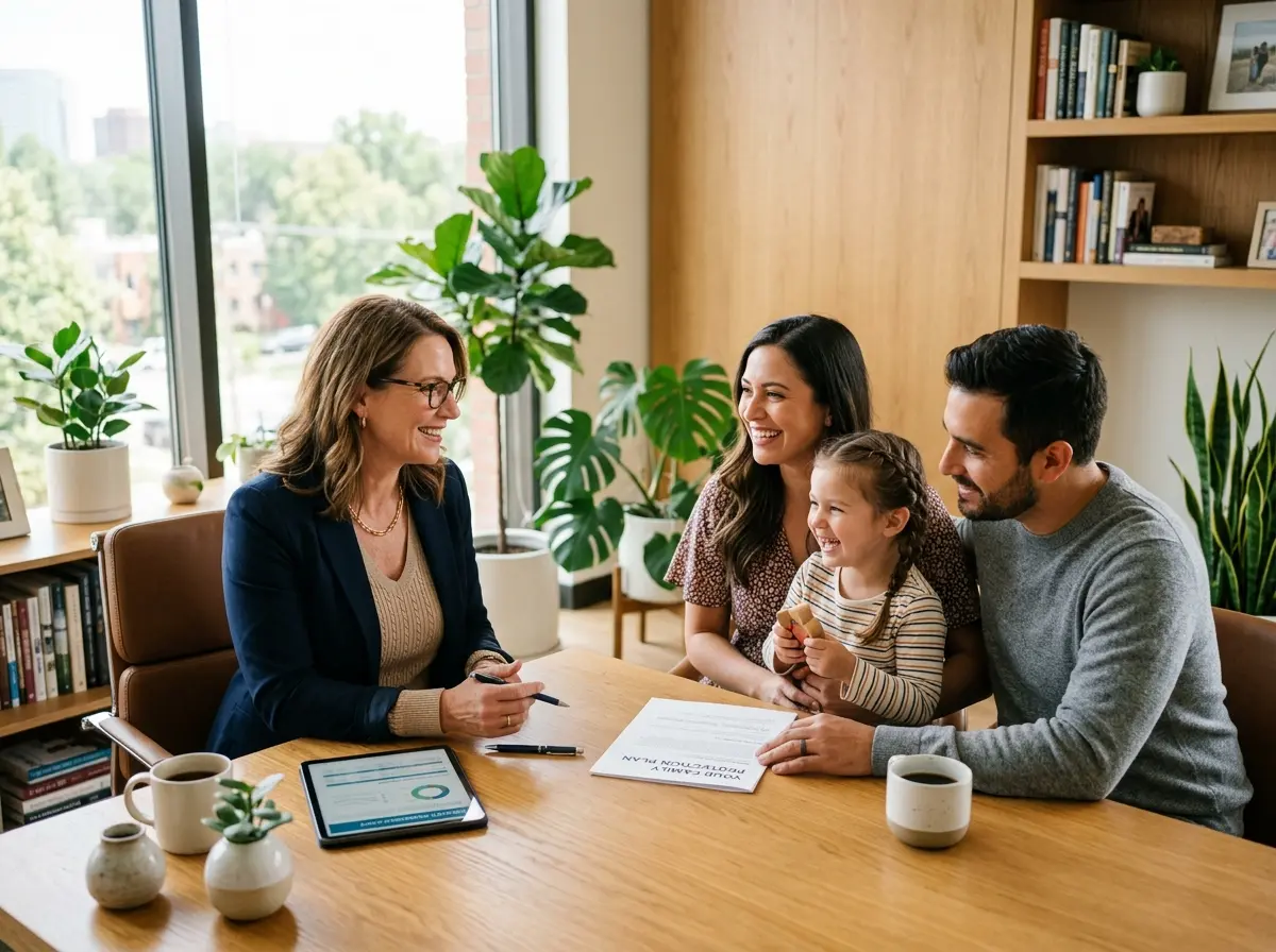 State Plus Insurance advisor consulting with a family on life and health protection in an airy office